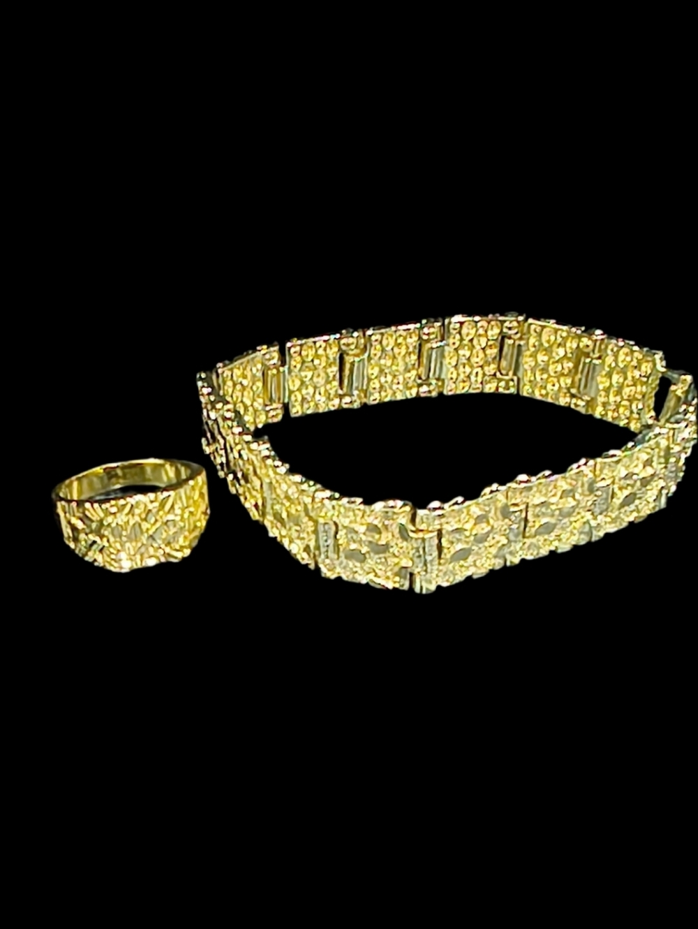 Vintage 14k Gold-Tone Plated Textured Bracelet and Ring Set Nugget Style